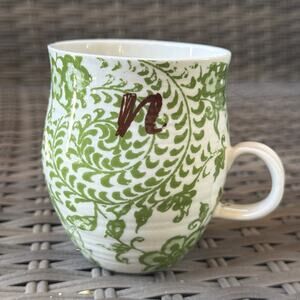 ANTHROPOLOGIE Monogram Initial "N" Coffee Tea Cup Mug HOMEGROWN Green Floral
